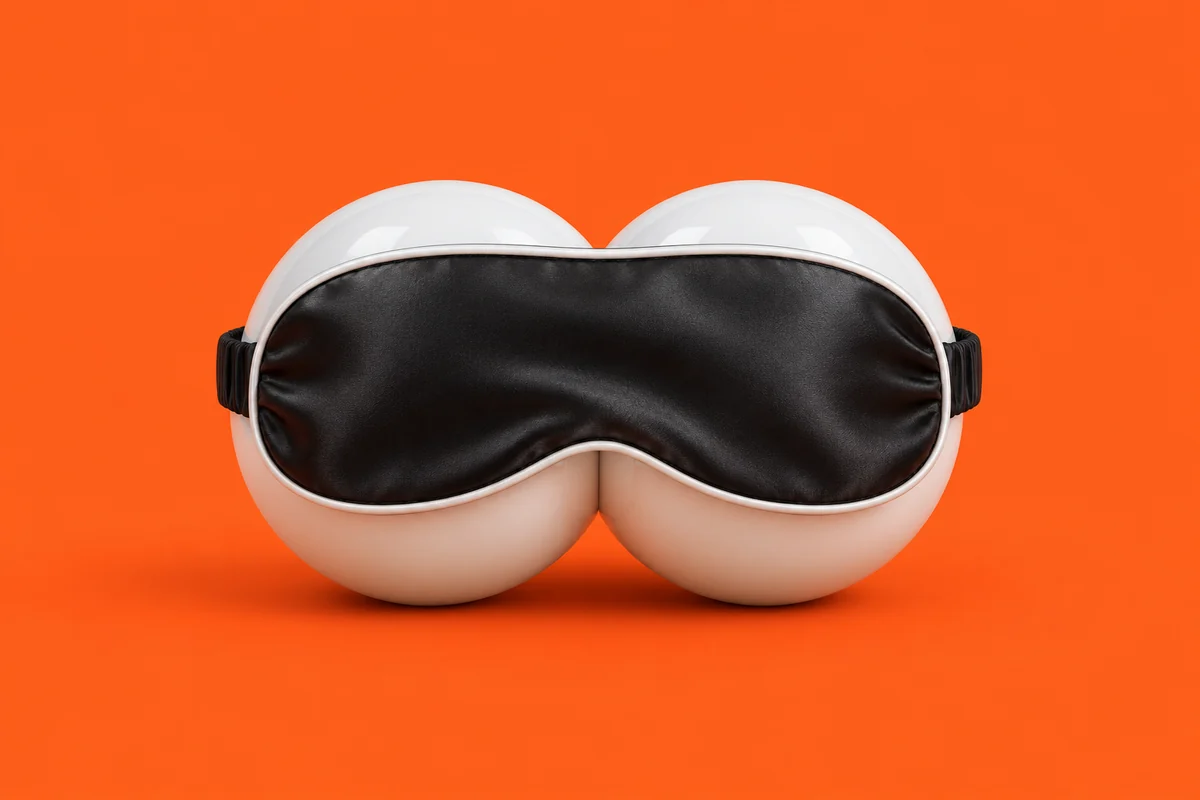 Two glossy white eyeballs sharing one black satin sleep mask